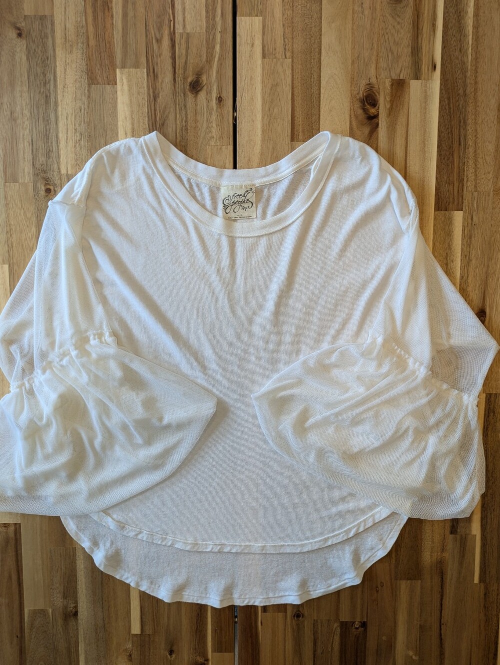 Free People White Oversized Top with Sheer Ruched Bell Sleeves Sz XS